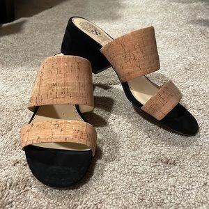 Cork with black velour sandal heels